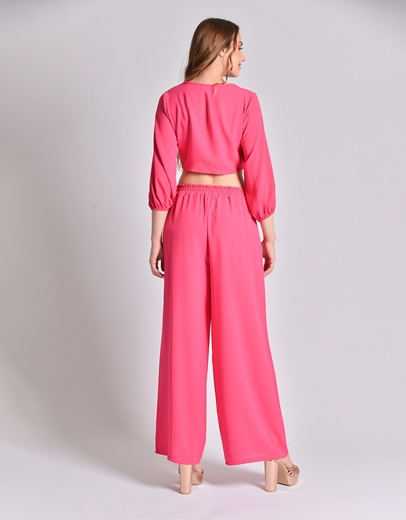 Εικόνα της Σετ μονόχρωμη παντελόνα και crop top με δέσιμο Φούξια