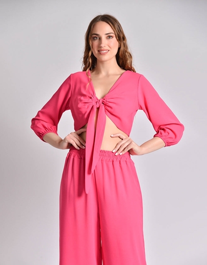 Εικόνα της Σετ μονόχρωμη παντελόνα και crop top με δέσιμο Φούξια