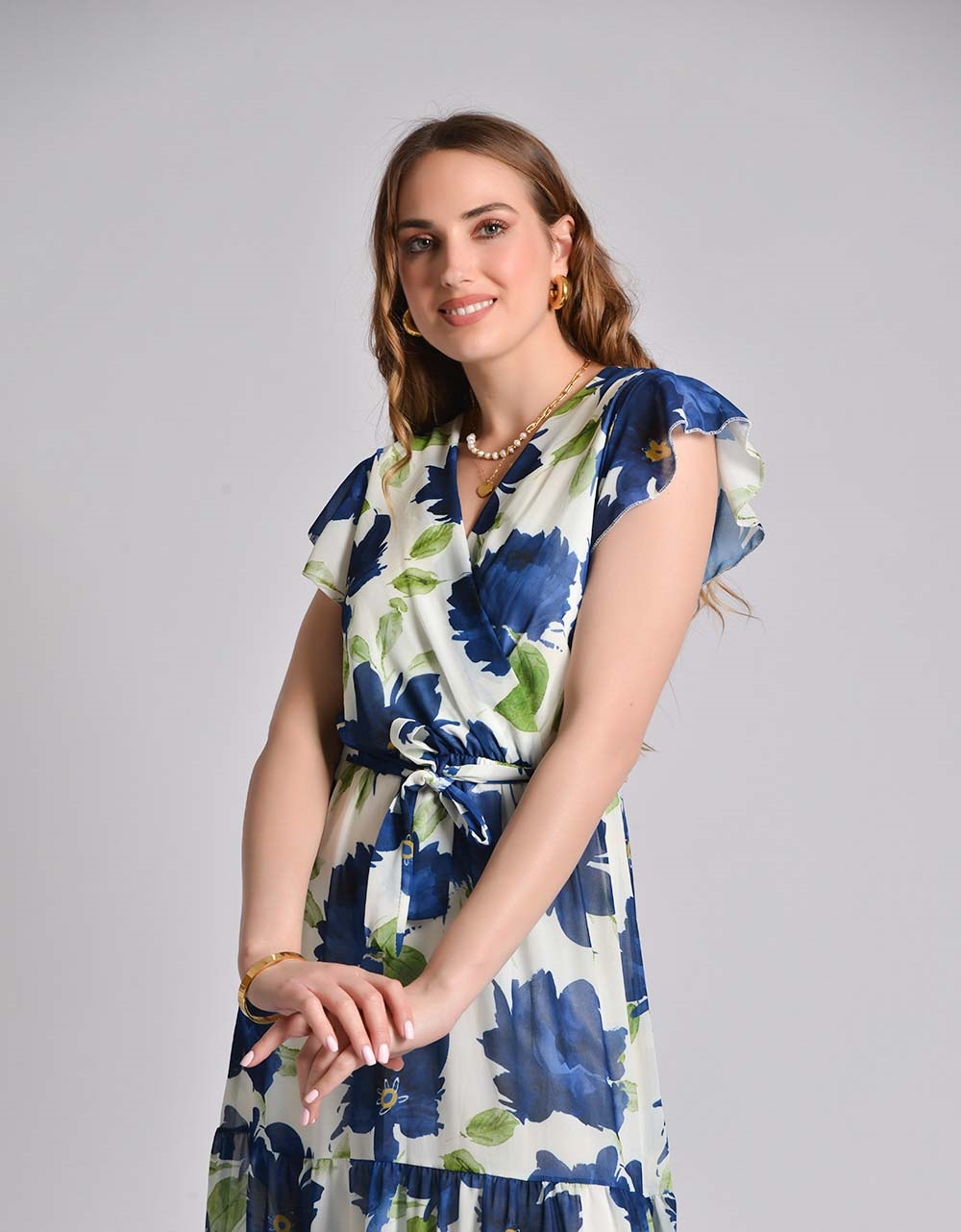 Εικόνα από Κρουαζέ maxi φόρεμα με βολάν και floral μοτίβο Μπλε