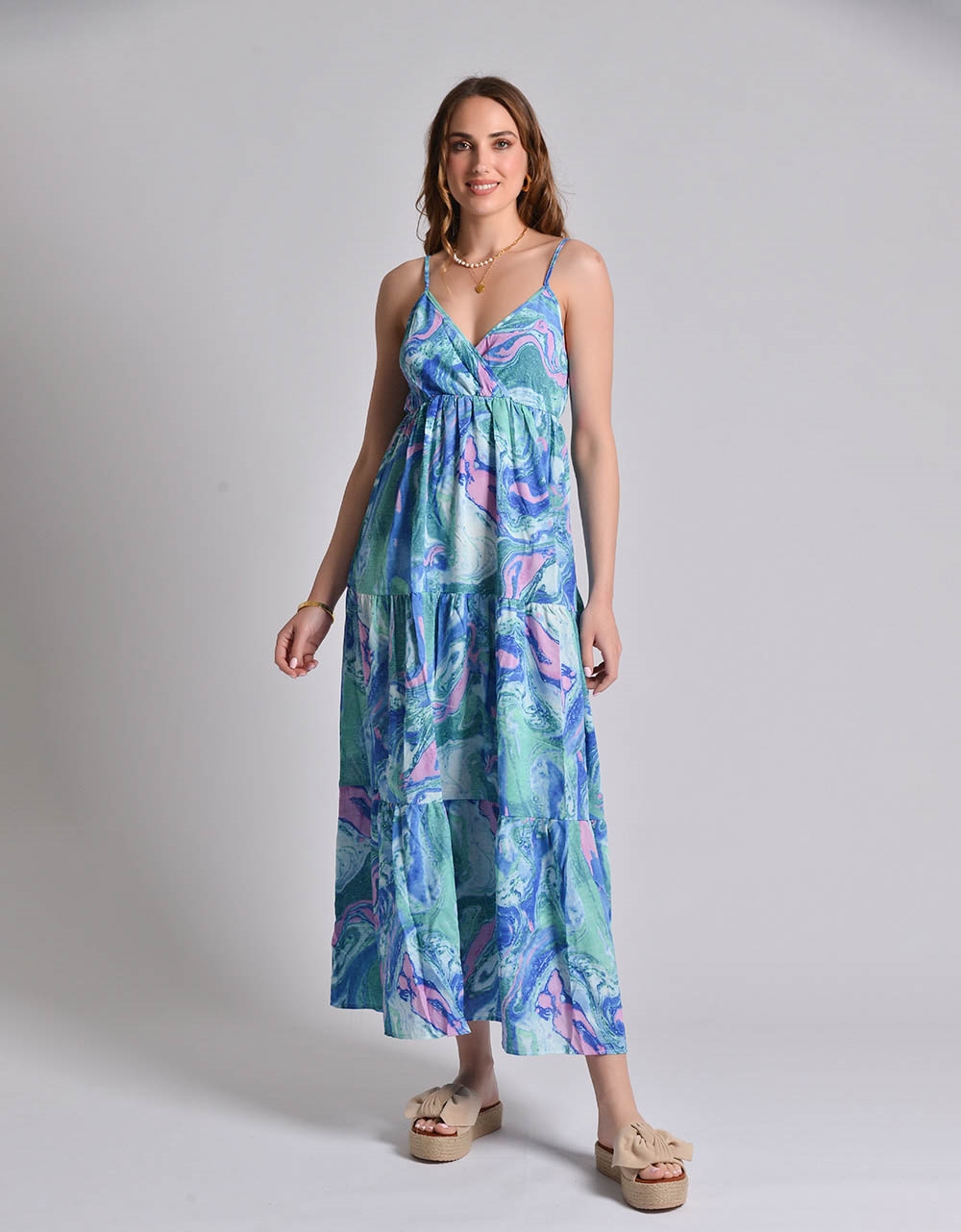 Εικόνα από Κρουαζέ maxi φόρεμα τιραντάκι με βολάν Μπλε