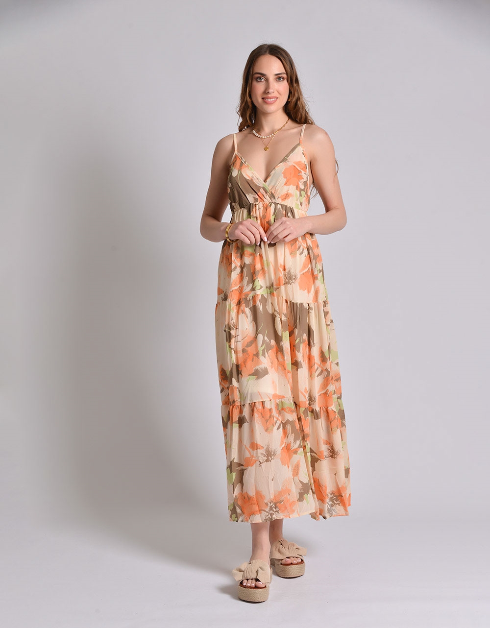 Εικόνα από Κρουαζέ maxi φόρεμα τιραντάκι με βολάν Πορτοκαλί