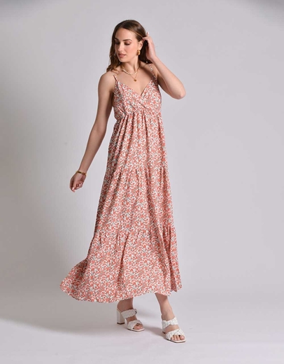 Εικόνα της Κρουαζέ maxi φόρεμα με βολάν και floral μοτίβο Κόκκινο