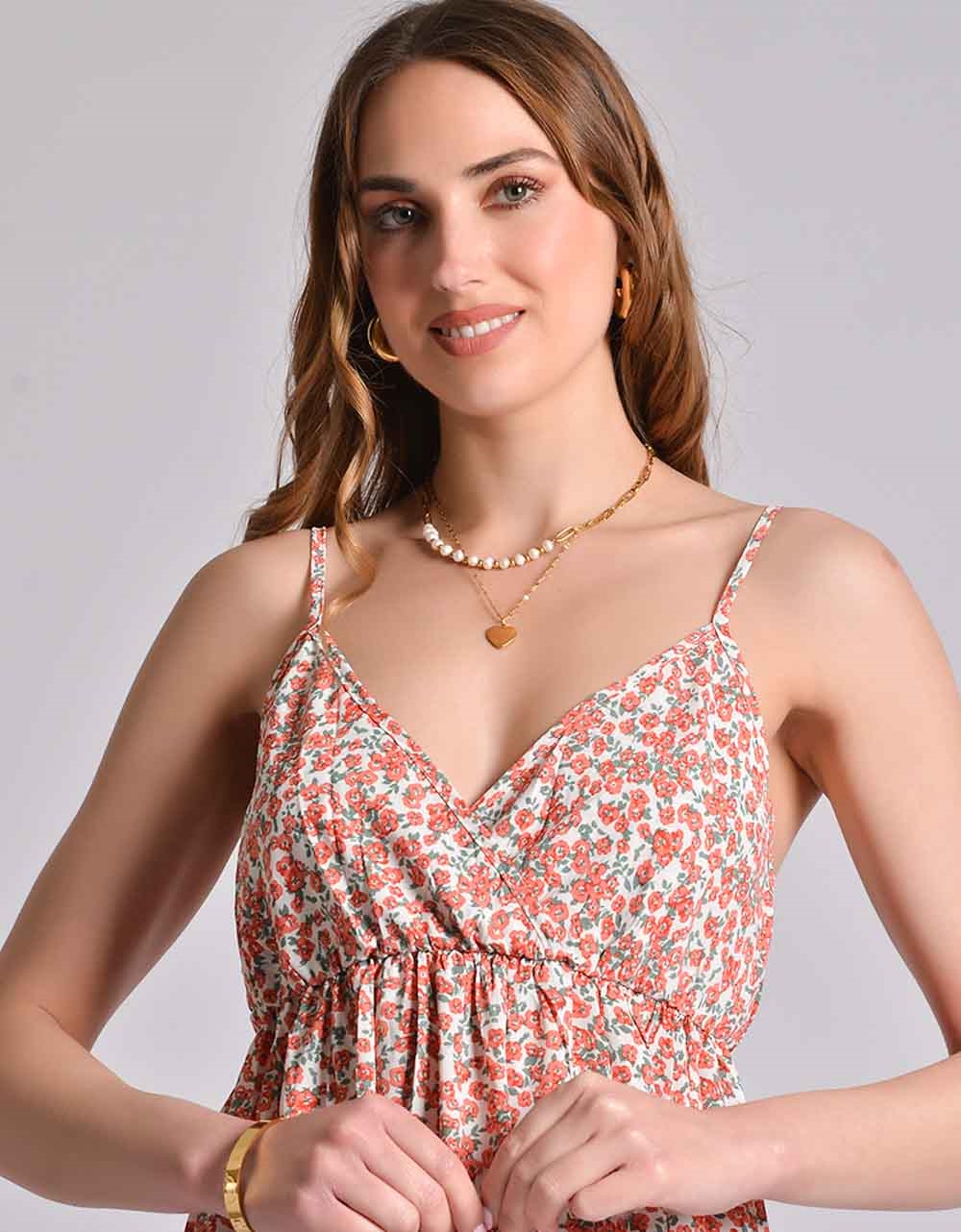 Εικόνα από Κρουαζέ maxi φόρεμα με βολάν και floral μοτίβο Κόκκινο