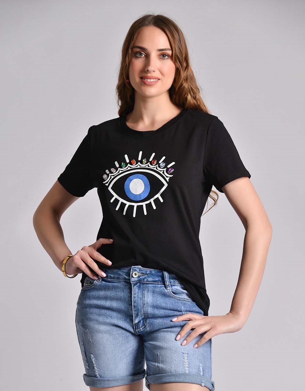 Εικόνα από Βαμβακερό t-shirt με μάτι και πολύχρωμες πέτρες Μαύρο