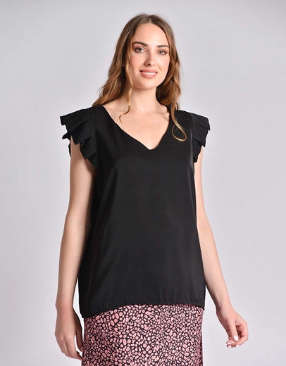 Εικόνα της Μονόχρωμη μπλούζα αμάνικη με βολάν στους ώμους Μαύρο