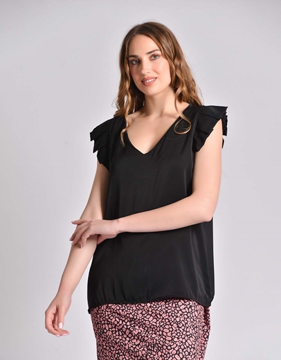 Εικόνα της Μονόχρωμη μπλούζα αμάνικη με βολάν στους ώμους Μαύρο