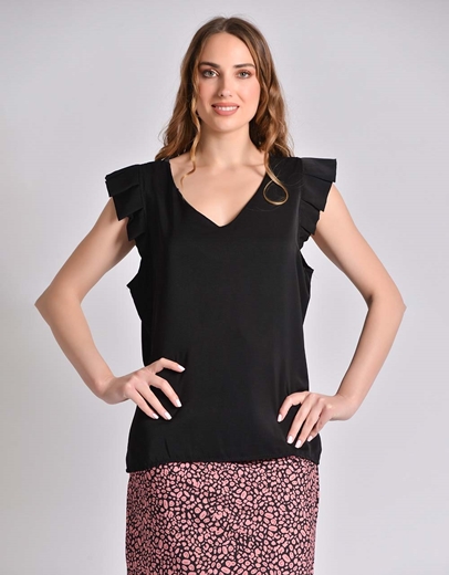 Εικόνα της Μονόχρωμη μπλούζα αμάνικη με βολάν στους ώμους Μαύρο