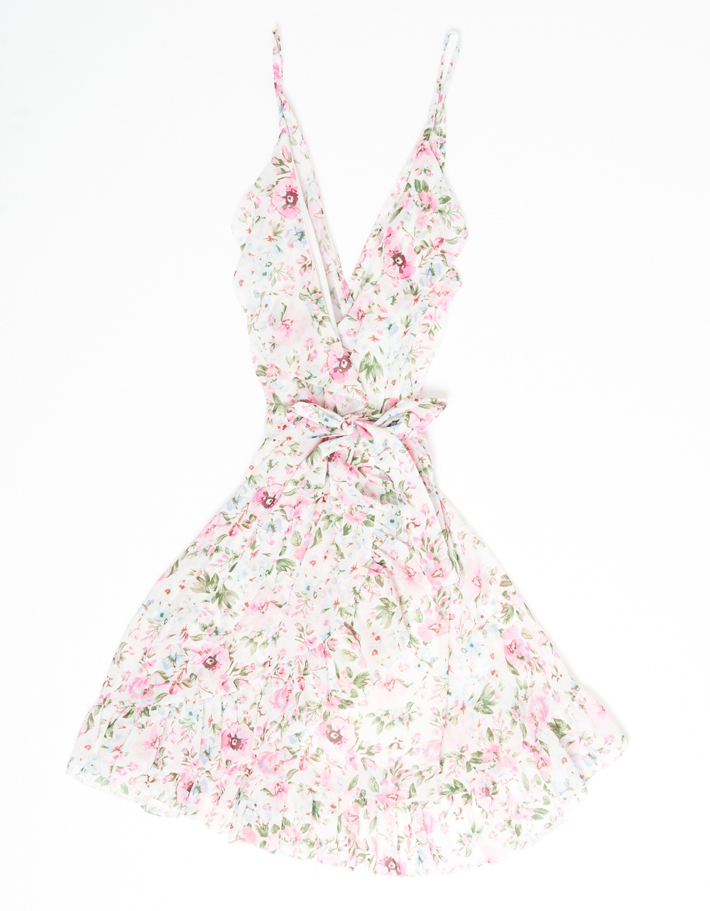 Εικόνα από Floral mini κρουαζέ φόρεμα με βολάν και ζώνη Λευκό