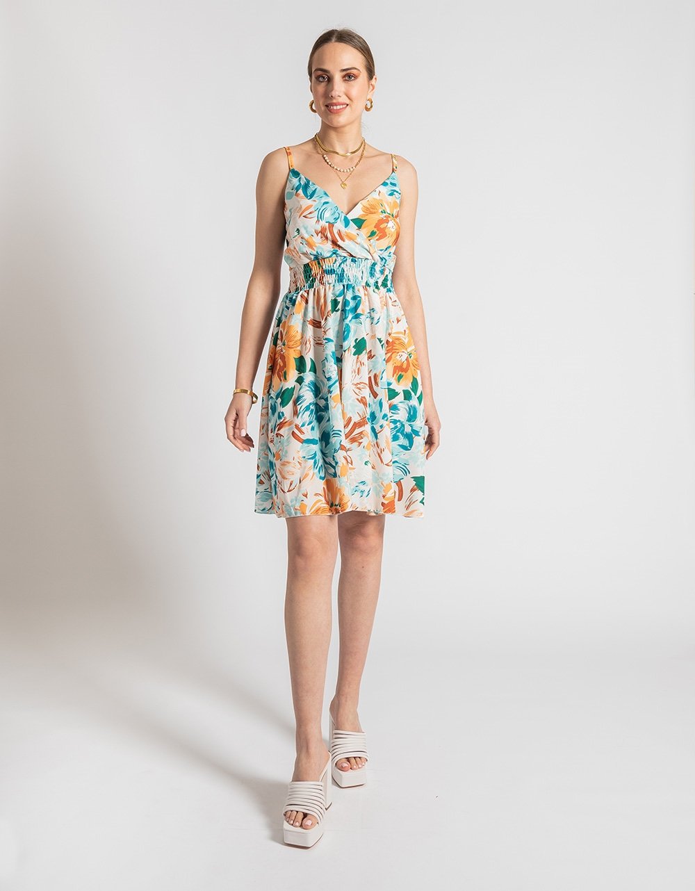 Εικόνα από Κρουαζέ μίνι μεσάτο φόρεμα με floral μοτίβο Λευκό