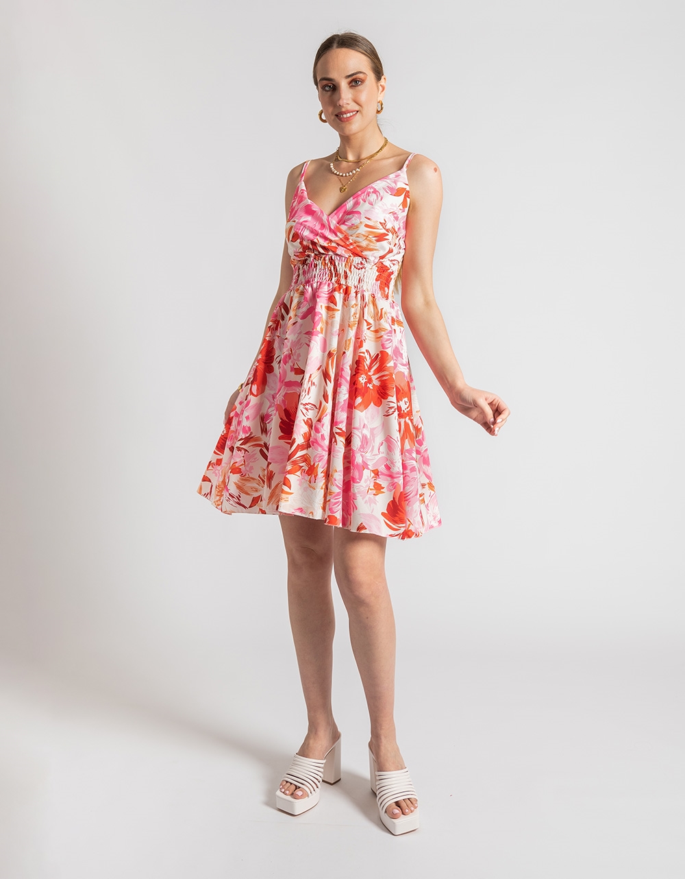 Εικόνα από Κρουαζέ μίνι μεσάτο φόρεμα με floral μοτίβο Ροζ