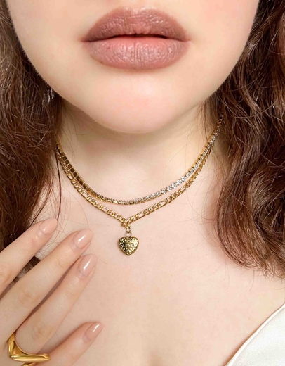 Εικόνα της Διπλό κολιέ με καρδιά από ανοξείδωτο ατσάλι Χρυσό