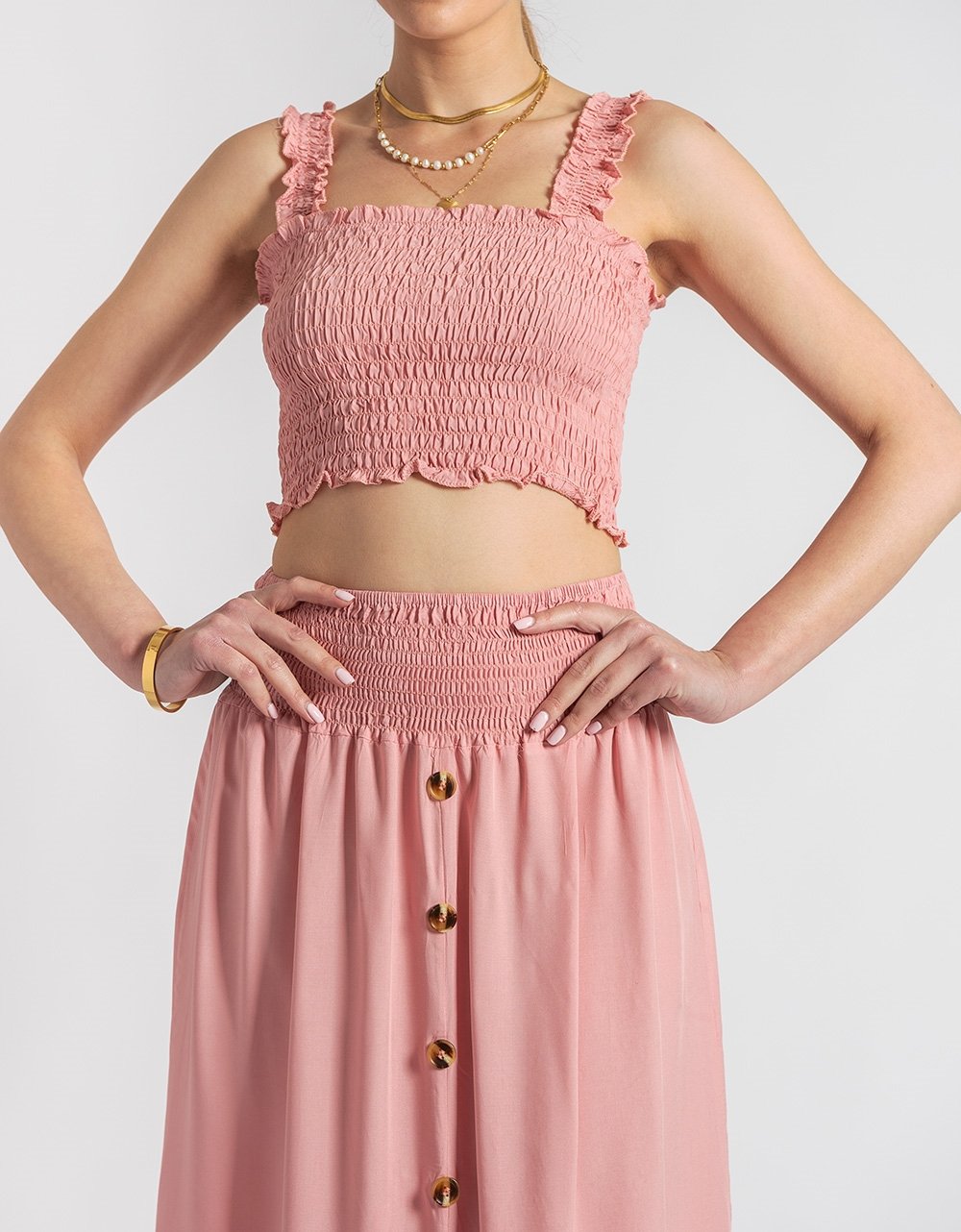 Εικόνα από Βαμβακερό σετ με maxi φούστα και crop top Ροζ