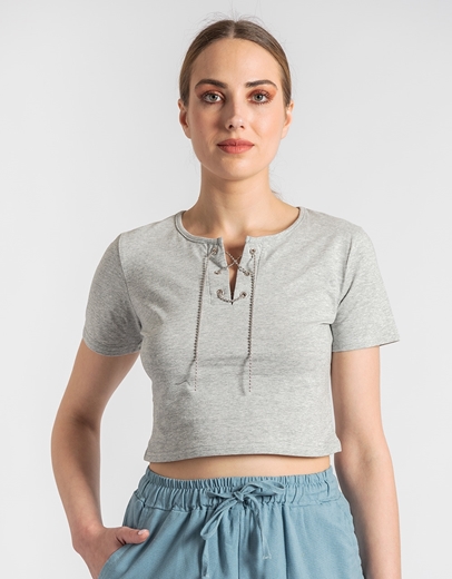 Εικόνα της Βαμβακερό crop top μονόχρωμο με αλυσίδα Γκρι