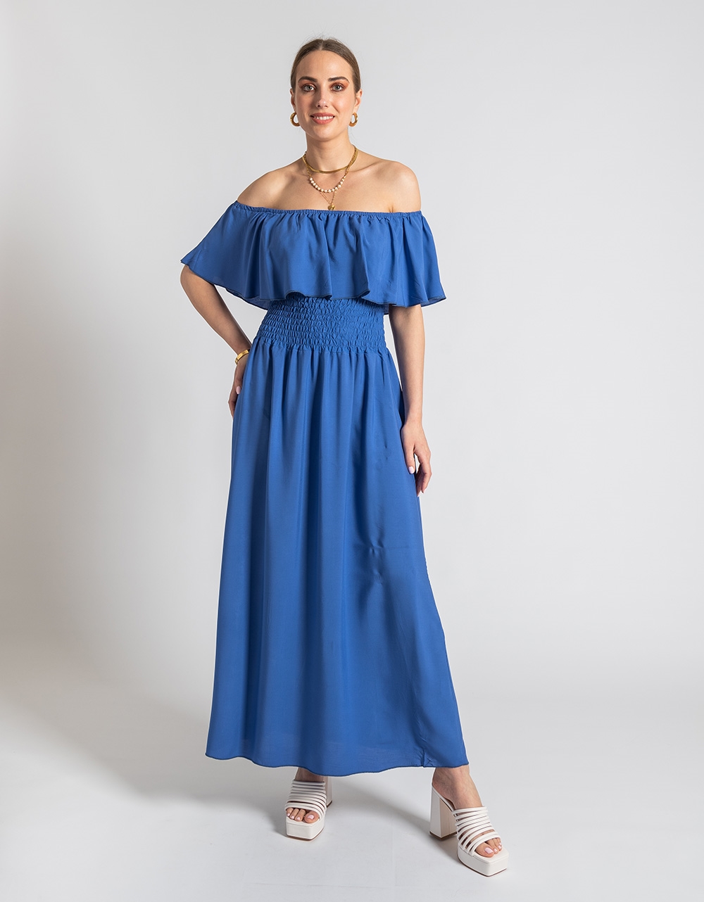 Εικόνα από Βαμβακερό off shoulders maxi φόρεμα με βολάν Μπλε