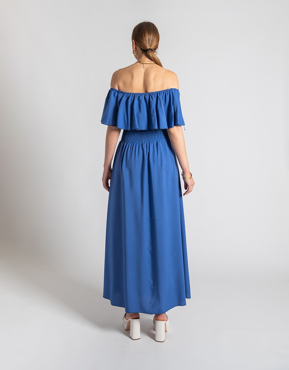 Εικόνα από Βαμβακερό off shoulders maxi φόρεμα με βολάν Μπλε