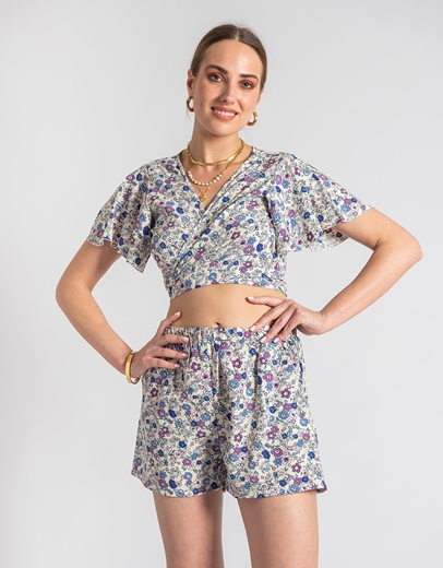 Εικόνα της Σετ σορτσάκι και crop top με print λουλούδια Λευκό