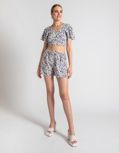 Εικόνα της Σετ σορτσάκι και crop top με print λουλούδια Λευκό