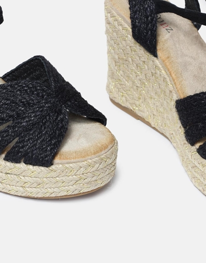 Εικόνα της Ψάθινες peep toe εσπαντρίγιες με μπαρέτα Μαύρο