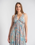 Εικόνα από Μεταξωτό maxi φόρεμα boho με λαχούρια Σιέλ