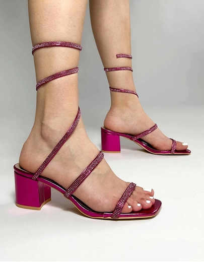 Εικόνα της Lace up μονόχρωμα χαμηλά πέδιλα από strass Φούξια