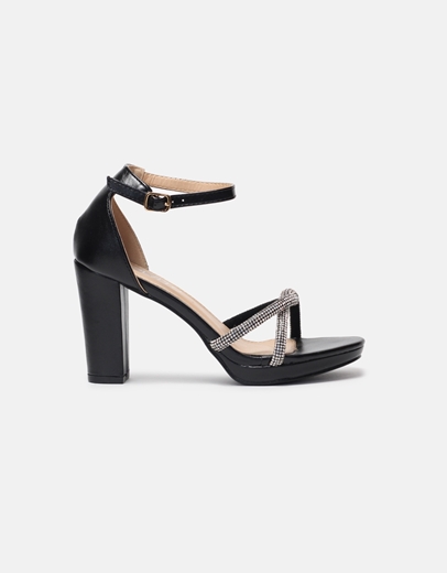 Εικόνα της Πέδιλα Ελληνικής κατασκευής με μπαρέτα και λουράκια από strass Μαύρο