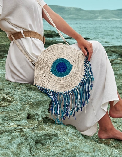 Εικόνα της Υφασμάτινη τσάντα ώμου με κρόσσια και μάτι Λευκό