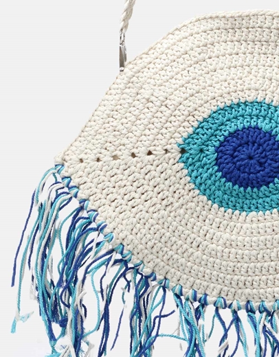 Εικόνα της Υφασμάτινη τσάντα ώμου με κρόσσια και μάτι Λευκό