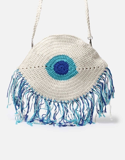 Εικόνα της Υφασμάτινη τσάντα ώμου με κρόσσια και μάτι Λευκό