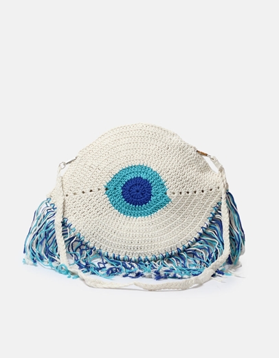 Εικόνα της Υφασμάτινη τσάντα ώμου με κρόσσια και μάτι Λευκό