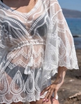 Εικόνα από Βαμβακερό μίνι φόρεμα καφτάνι με κέντημα Λευκό