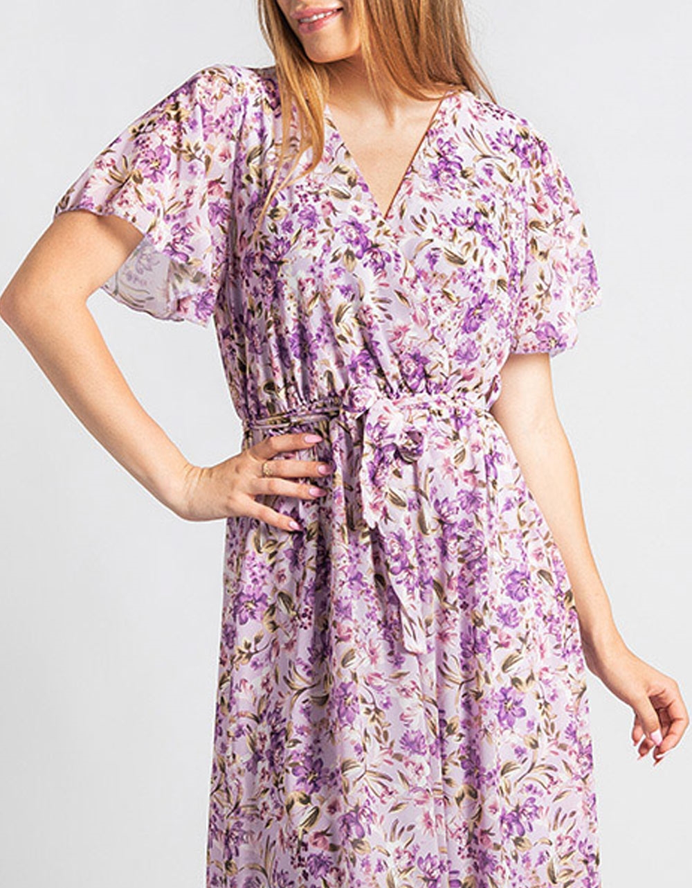 Εικόνα από Κρουαζέ maxi φόρεμα με ζώνη και floral μοτίβο Λιλά