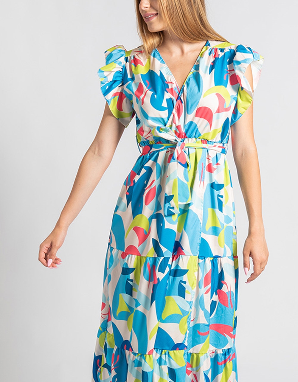 Εικόνα από Maxi κρουαζέ φόρεμα με βολάν και δετή ζώνη Μπλε