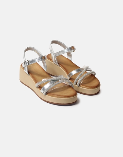 Εικόνα της Σανδάλια flatforms με μπαρέτα και strass Ασημί