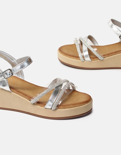 Εικόνα της Σανδάλια flatforms με μπαρέτα και strass Ασημί