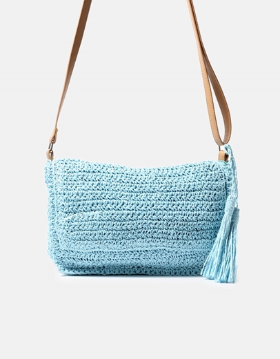 Εικόνα της Ψάθινη τσάντα ώμου με κρεμαστό διακοσμητικό Σιέλ