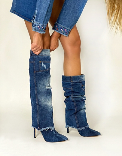 Εικόνα της Μυτερές ψηλοτάκουνες μπότες με ξέφτια Τζιν