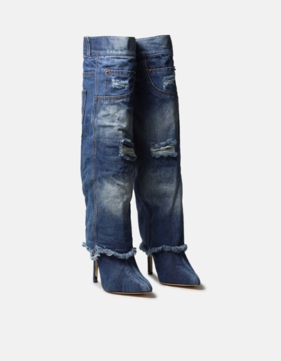 Εικόνα της Μυτερές ψηλοτάκουνες μπότες με ξέφτια Τζιν