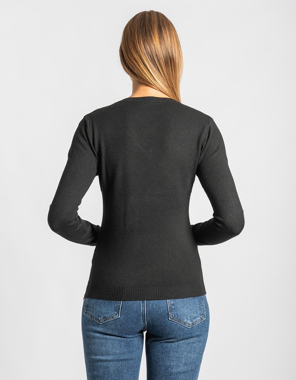 Εικόνα από Basic πλεκτή μονόχρωμη μπλούζα με V cut Μαύρο