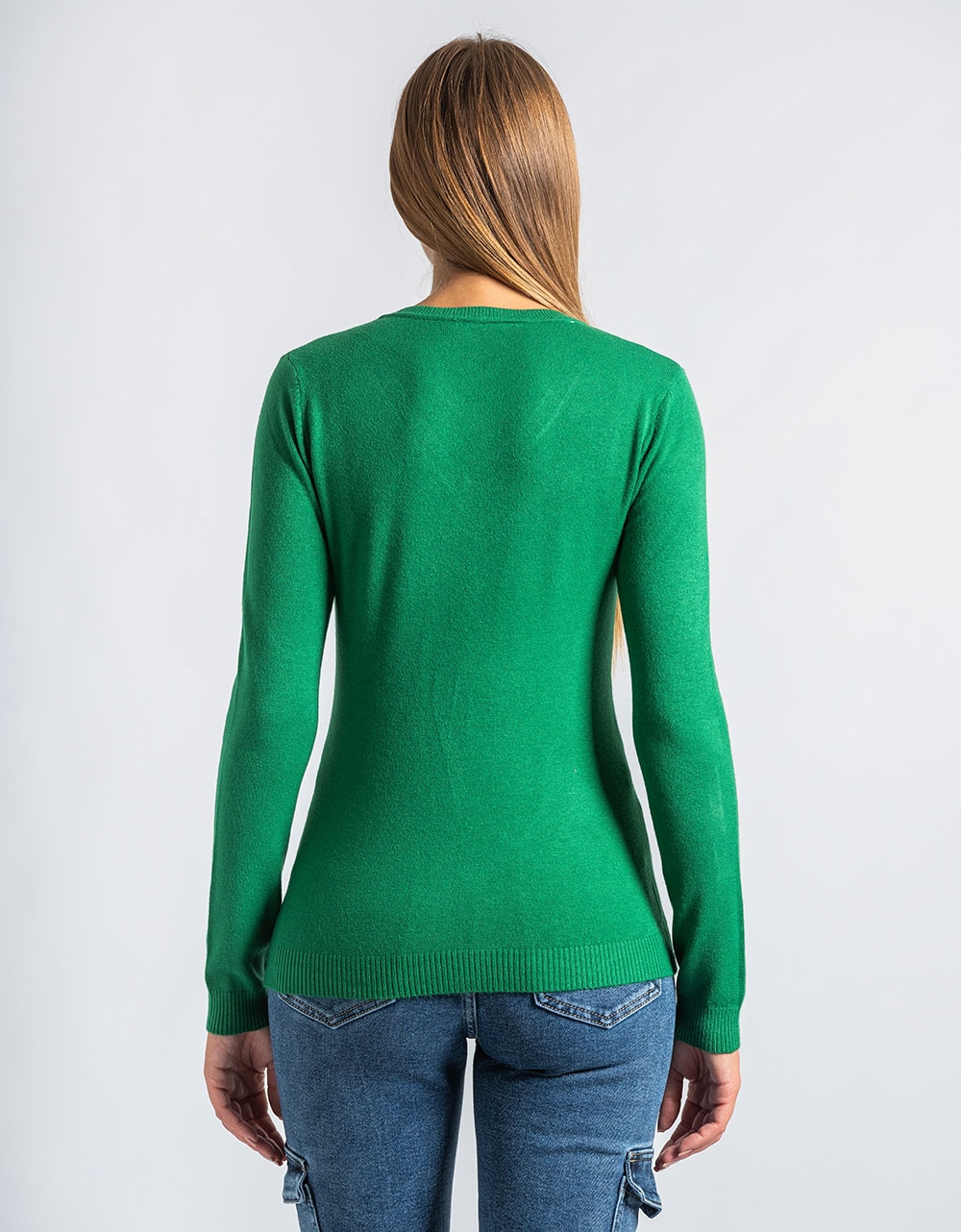 Εικόνα από Basic πλεκτή μονόχρωμη μπλούζα με V cut Πράσινο