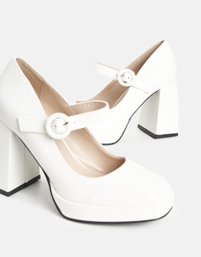 Εικόνα της Basic Mary Jane γόβες με τετράγωνο τακούνι Λευκό