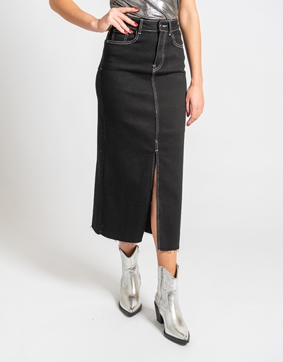 Εικόνα της Μaxi ελαστική denim φούστα με σκίσιμο Μαύρο