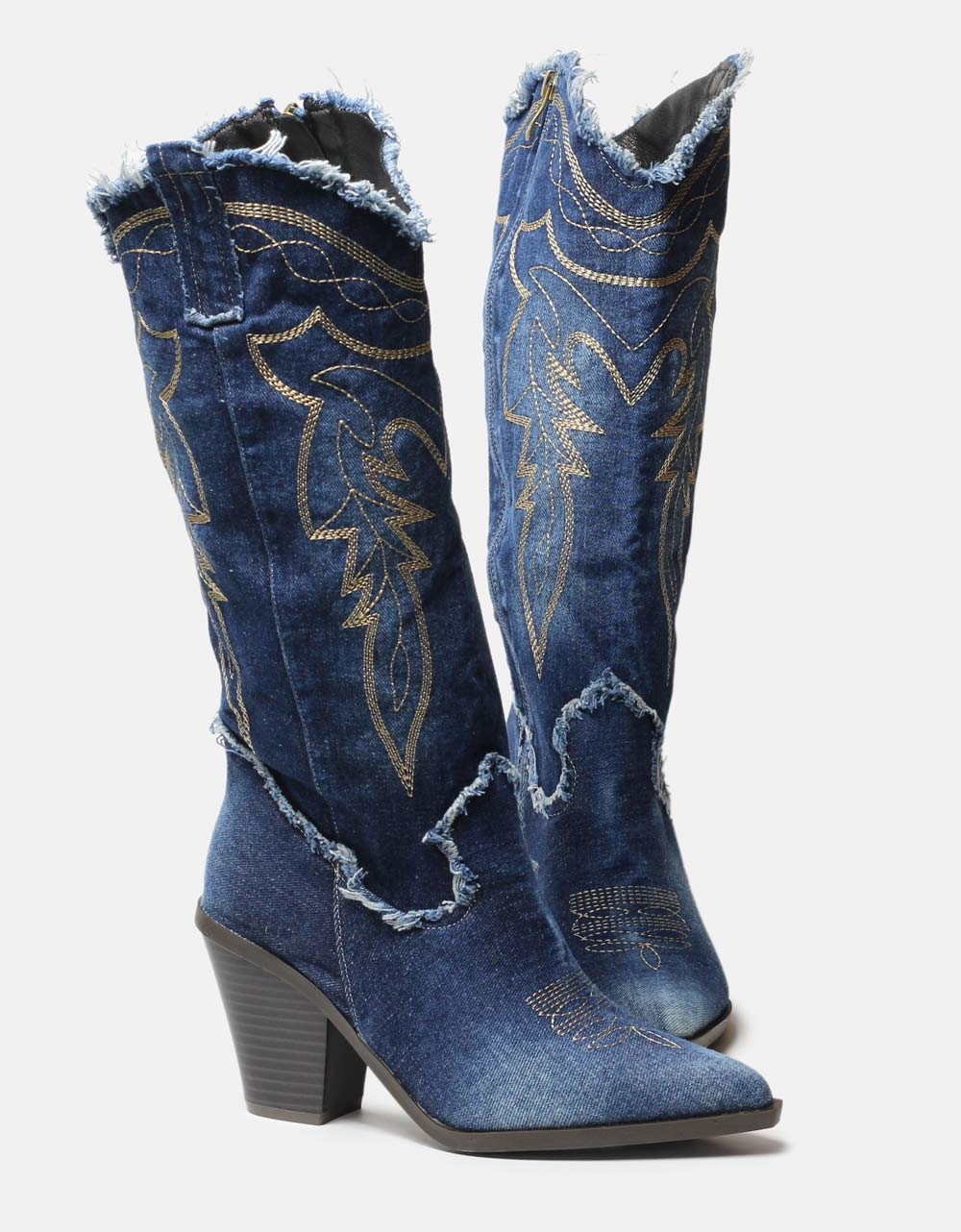 Εικόνα από Cowboy μπότες με διακοσμητικές ραφές και ξέφτια Τζιν