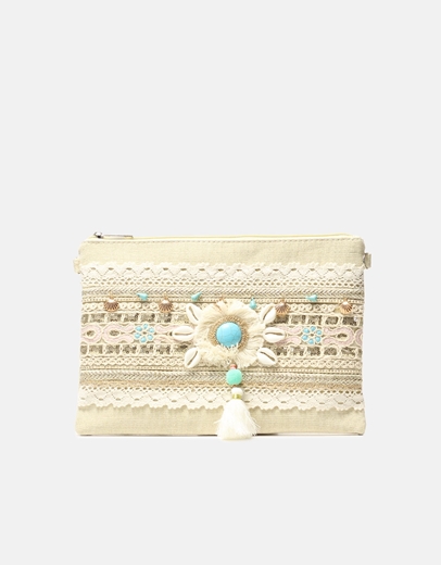 Εικόνα της Ψάθινη τσάντα φάκελος με boho στοιχεία Μπεζ