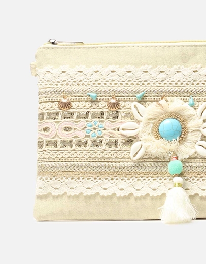 Εικόνα της Ψάθινη τσάντα φάκελος με boho στοιχεία Μπεζ