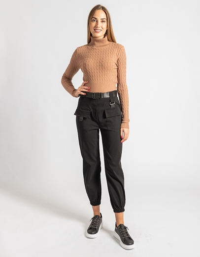 Εικόνα της Μονόχρωμο παντελόνι από βισκόζη με ζώνη Μαύρο