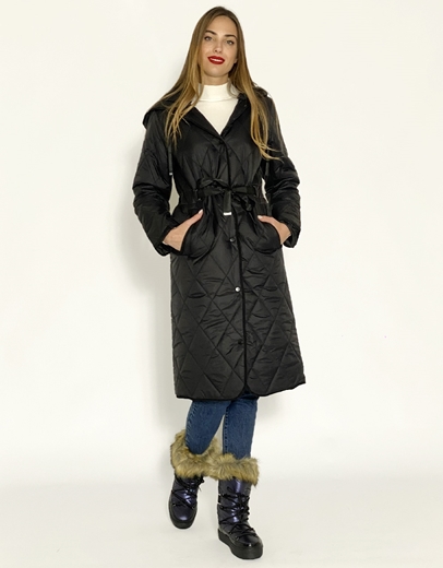 Εικόνα της Μακρύ μπουφάν με αποσπώμενη κουκούλα Μαύρο