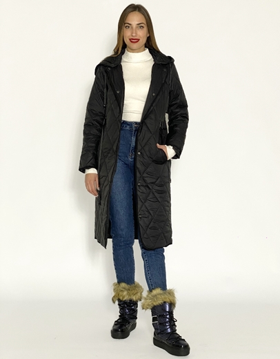 Εικόνα της Μακρύ μπουφάν με αποσπώμενη κουκούλα Μαύρο