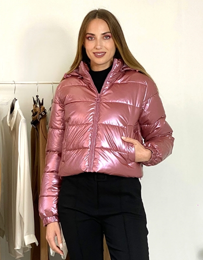 Εικόνα της Puffy μονόχρωμο cropped μπουφάν με κουκούλα Ροζ