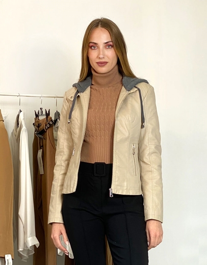 Εικόνα της Leather look jacket μονόχρωμο με κουκούλα Μπεζ