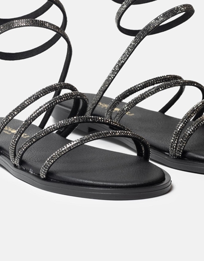 Εικόνα της Lace up σανδάλια Ελληνικής κατασκευής με λουράκια από strass Μαύρο